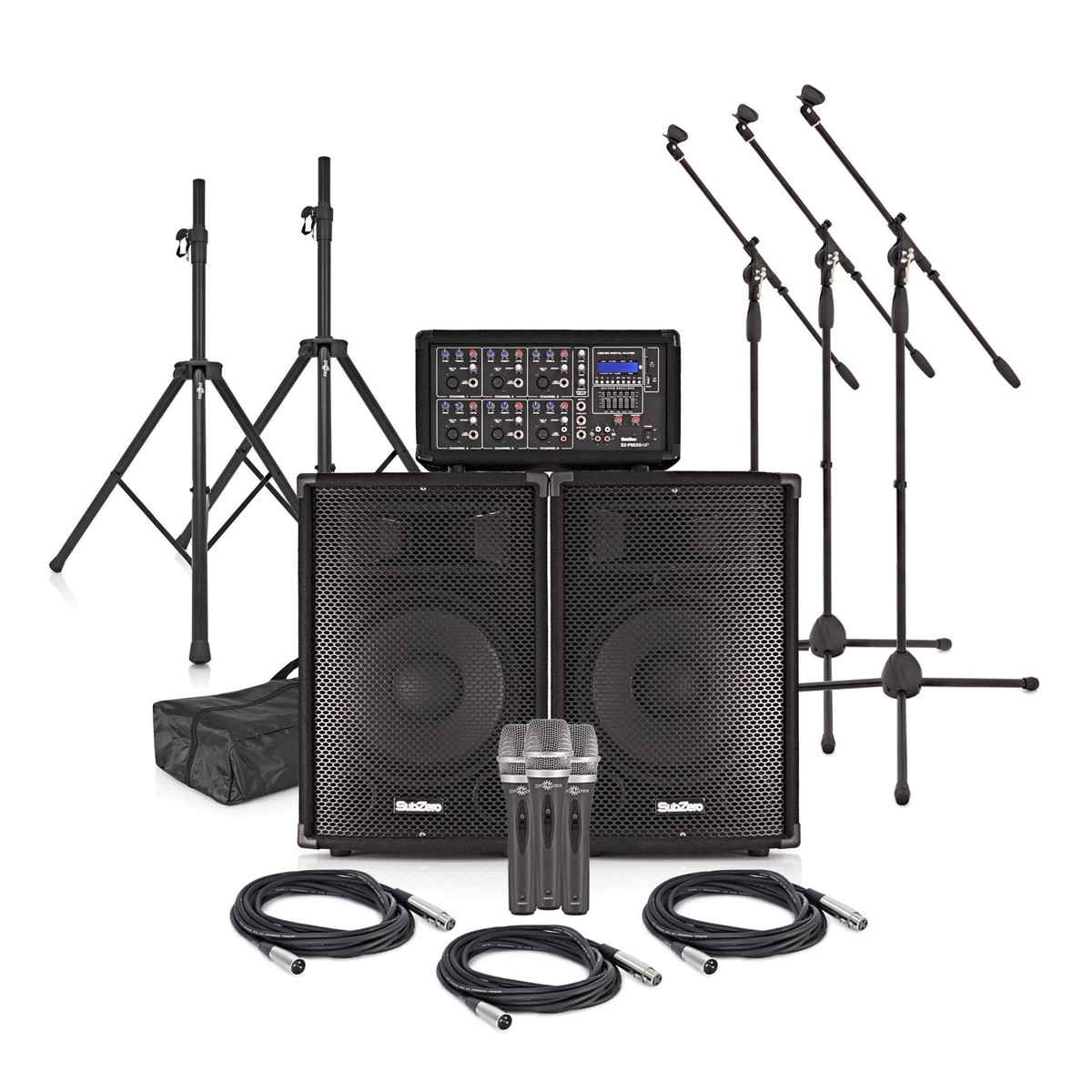 SubZero SZPA-612 250W 12″ PA System with Microphones and Stands –  New In the Box        Microphone