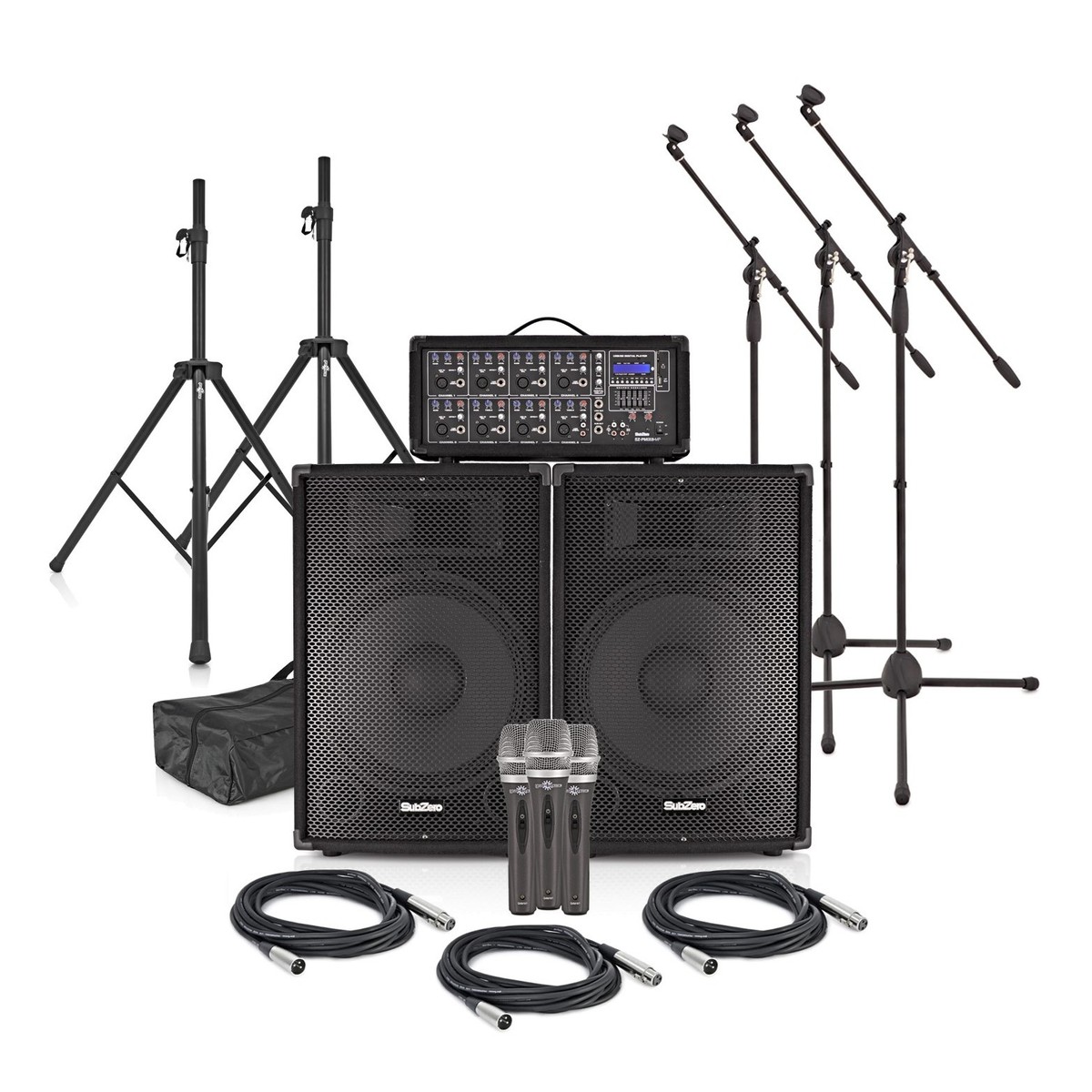 SubZero SZPA-815 300W 15″ PA System with Microphones and Stands –  New In the Box        Microphone