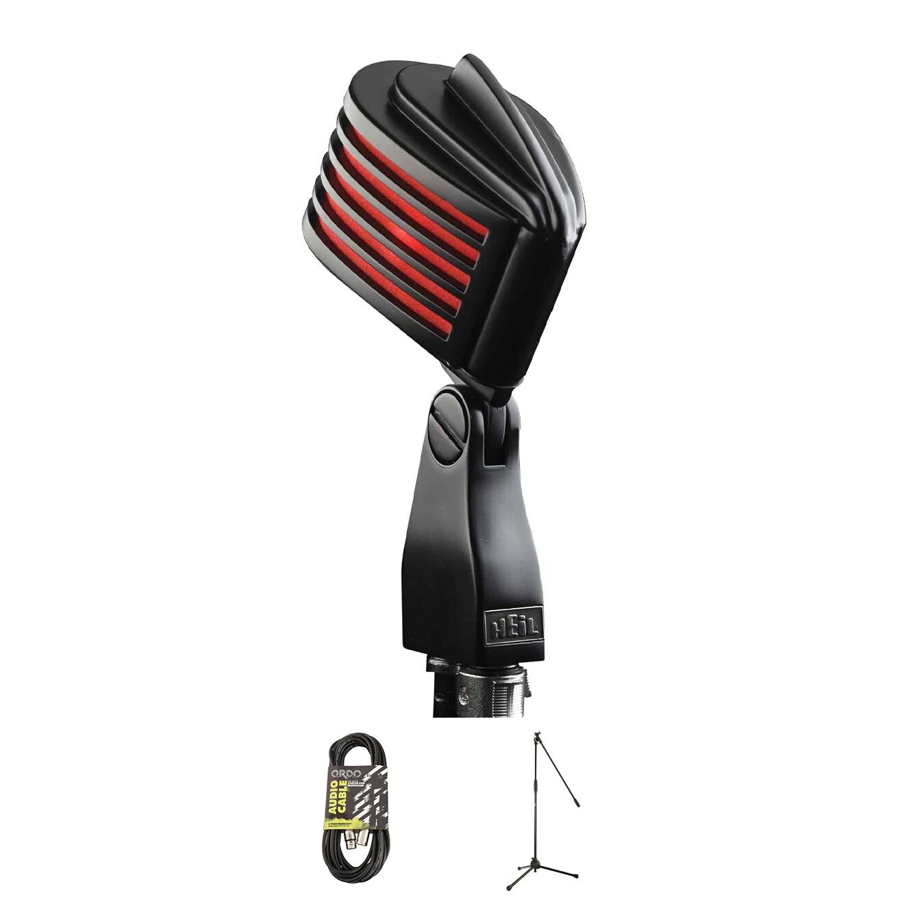 Heil Sound The Fin in Black Body, Red LED Mic Bundle w/ Stand and XLR Cable