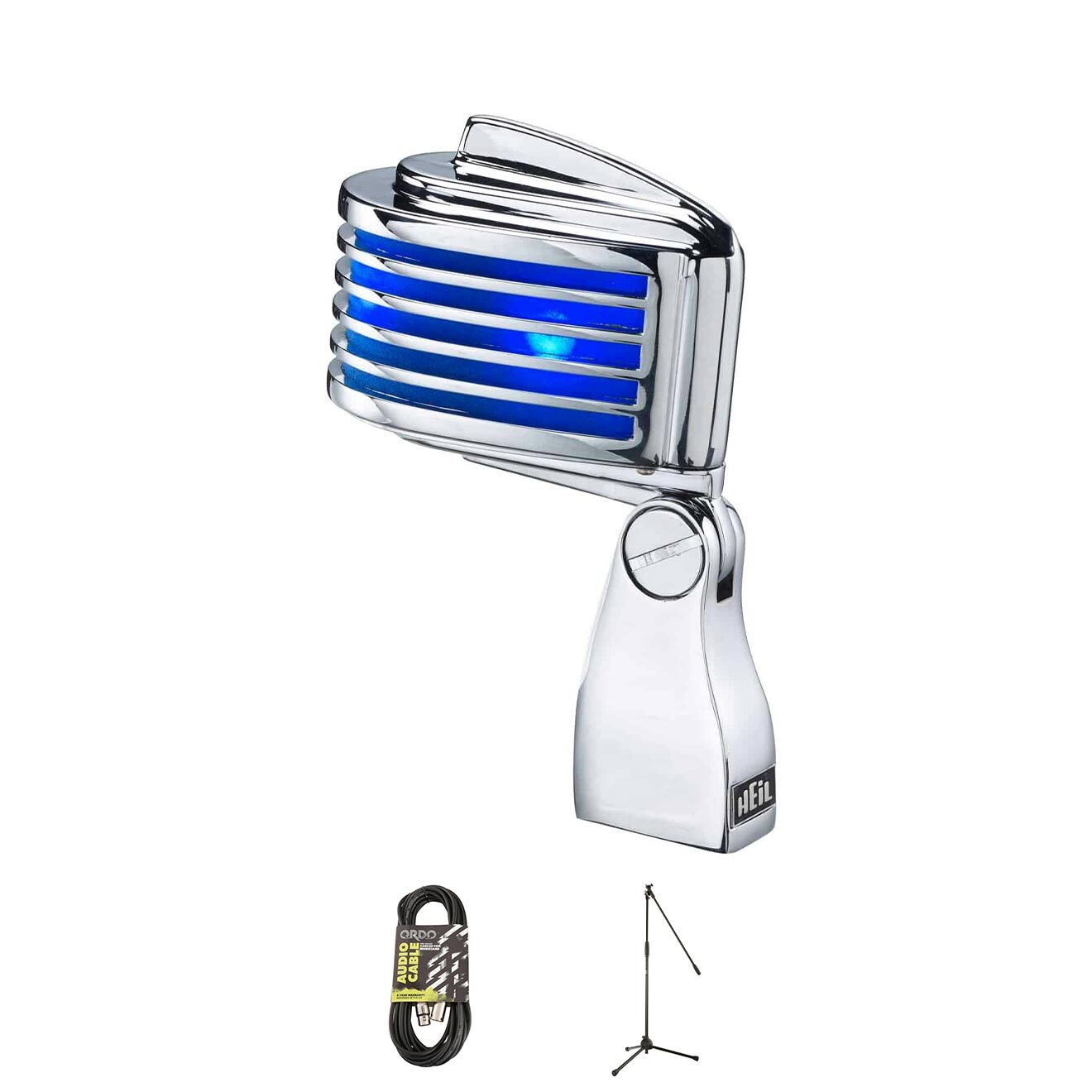 Heil Sound The Fin in Chrome Body, Blue LED Mic Bundle w/ Stand and XLR Cable